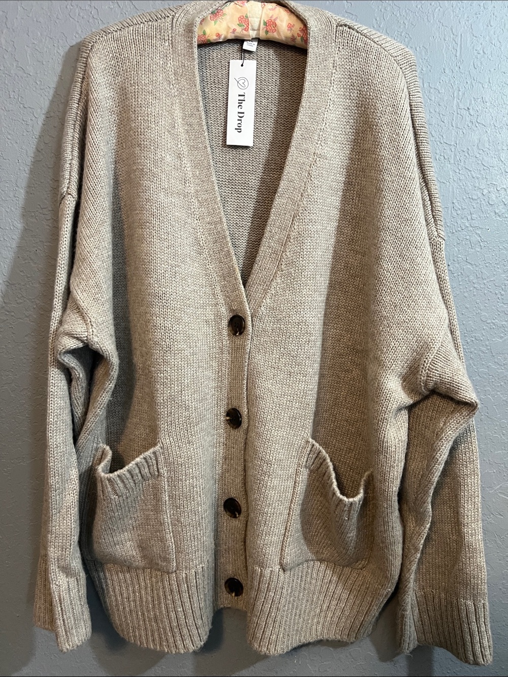 The Drop Women's Taupe V-Neck Button Cardigan Sweater
